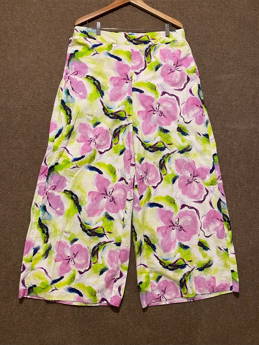 ELOQUII Watercolor Floral Wide-Leg Pants Purple Green Size 14